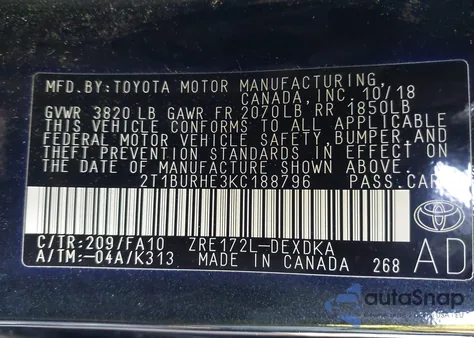 2019 Toyota Corolla L из США, поврежденный, VIN 2T1BURHE3KC188796